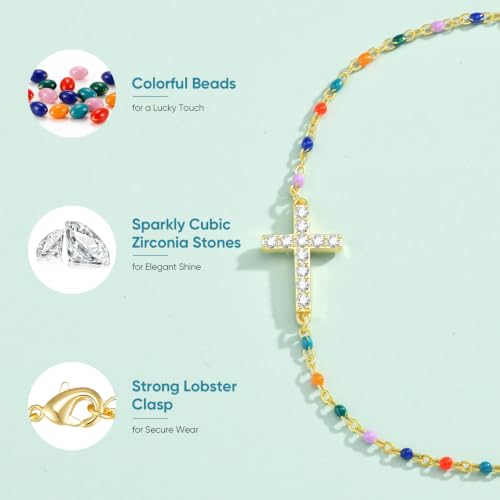 Cross Bracelet for Girls, 14K Gold Plated Christian Jewelry, Colorful Beads - image 3