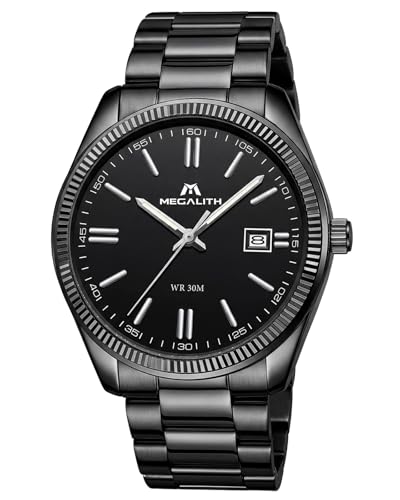 Image of MEGALITH Analogue Watches for Business Men: Stainless Steel Dress Watch with Date Luminous - Waterproof Wristwatch for Daily Wear - Gifts for Stylish Gents - Black