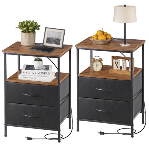 Nouva Nightstands Set of 2 with Charging Station, End Table Side Table Night Stand Bedside Table Furniture w/ 4 Fabric Drawers, USB Ports & Outlets,Metal Frame for Bedroom,Rustic Brown