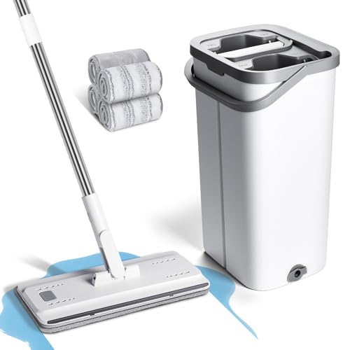 Masthome Balai Plat Microfibre 140cm et Seau Essoreur, Serpillière Plat Rotative 360° avec 4 Serpillères Réutilisables, Vadrouille de Mains Libre pour Sols Bois, Stratifiés, Carrelage et Marbre