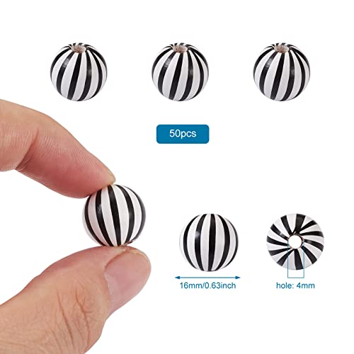 PH PandaHall 50pcs Farmhouse Wooden Beads, 16mm, Round, White & Black Stripe, DIY Craft Beads for Garlands & Jewelry - Image 4