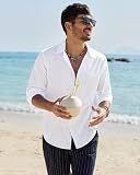 Alimens & Gentle Mens Cotton Linen Textured Shirt Long Sleeve Button Down Shirts Casual Summer Beach Wedding Tops with Pocket White Large
