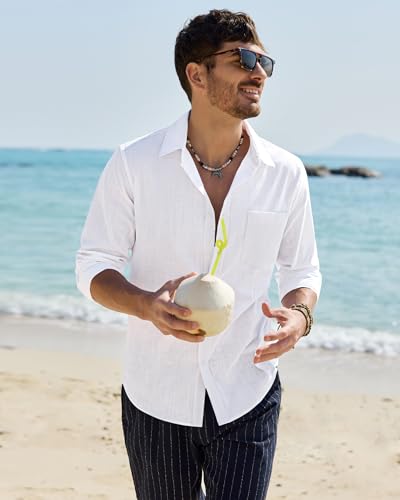 Alimens & Gentle Mens Cotton Linen Textured Shirt Long Sleeve Button Down Shirts Casual Summer Beach Wedding Tops with Pocket White Large
