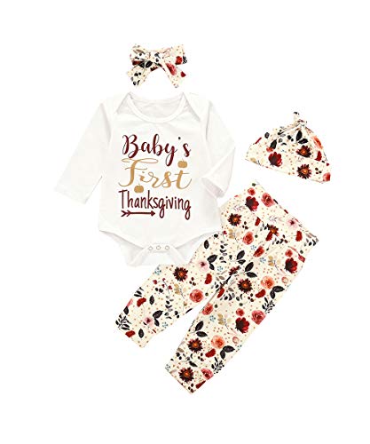 Newborn Baby First Thanksgiving Outfit Girl Long Sleeve Ruffle Romper Onesies + Floral Pants +Headband +Hat 4Pcs Outfit Set (White, 0-6 Months)
