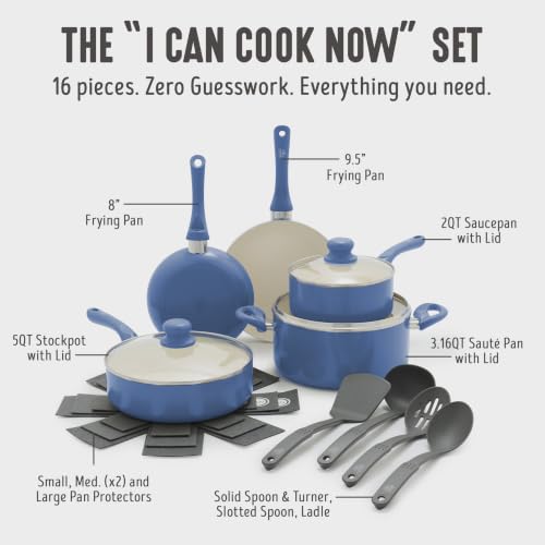 Image of GreenLife 16-Piece Nonstick Cookware Set, Non-Toxic Ceramic Pots and Pans Set, Durable Healthy Kitchen Essentials, Fast Heating, Induction Ready, Easy Clean Dishwasher Safe, PFAS-Free, Slate Blue