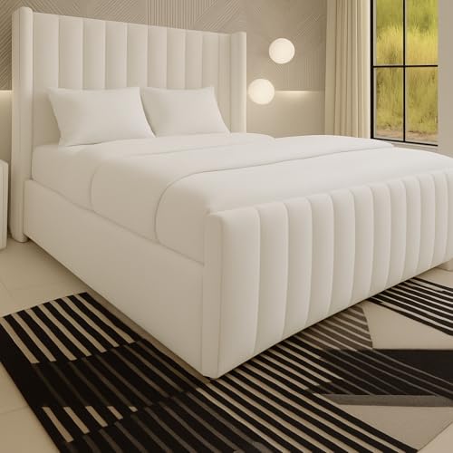 Luxury Chesterfield Winged Panel Bed Frame |- Double King Superking Sizes - Optional Gas Lift & Mattress - UK Made (White Plush, Double 4ft6 Bed Frame)