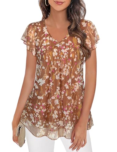 Image of Syphiby Elegant Women's Dressy Summer Floral Double Layer V Neck Tunic Tops for Leggings Lightweight Mesh Loose Fit T-Shirts Beach Clothes Ladies Evening Top Size 16 Short Sleeve Chiffon Blouse