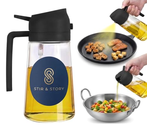 Image of Stir and Story Oil Dispenser and Sprayer Glass Bottle for Kitchen with Handle 500ml | 2-in-1 Olive Oil Spray for Cooking | Fine Mist & Pour Spout | Leak Proof | For Air Fryer, Salad, BBQ & Kitchen