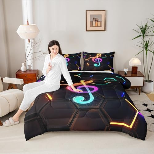 Honeycomb Geometric Neon Kids Comforter Set Queen Size,Flame Notes Music Bedding Set,Girls Boys Adults Bedroom Decor,Watercolor Tie-dye Boho Down Comforter,Black Gradient Duvet Insert,2 Pillowcases