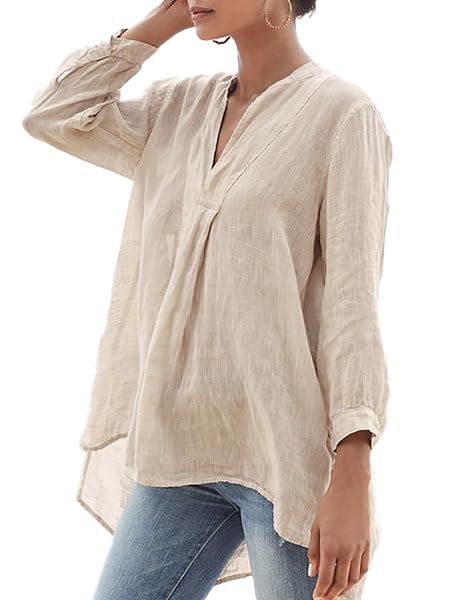 Summer V-Neck Linen Shirts for Women 3/4 Sleeve, Womens Flowy Cotton Linen Blouses Tops with Long Hem