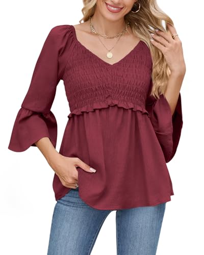 Womens Ruffle 3/4 Sleeve Babydoll Tops V Neck Peplum Blouse Smocked Loose Fit Tunic Top Bell Sleeve Dressy Tee Shirts - Main Image