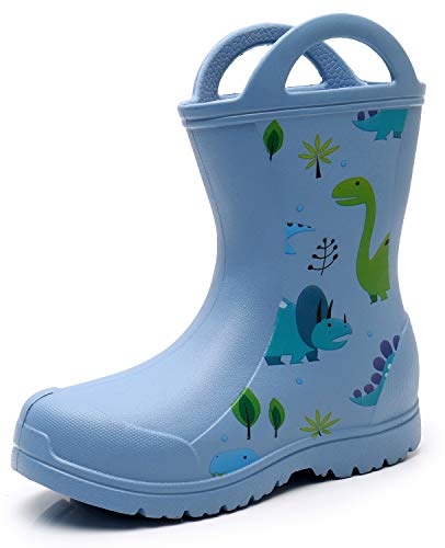 Apakowa Kids Boys Girls Lightweight Easy-On Handles Rain Boots Shoe in Fun Patterns & Solid Colors (Toddler) (Color : Lightblue Dinosaur, Size : 7 Toddler)