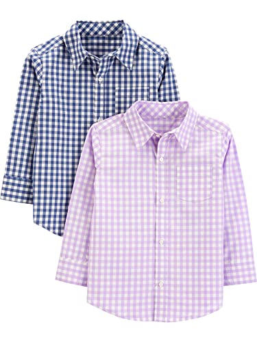 Simple Joys by Carter's Long-Sleeve Woven Shirt, Pack of 2 Camisa Formal con Botones para bebés y niños pequeños, Azul Guinga Cuadros Escoceses/Morado Guinga Cuadros Escoceses, 3 años (Pack de 2)