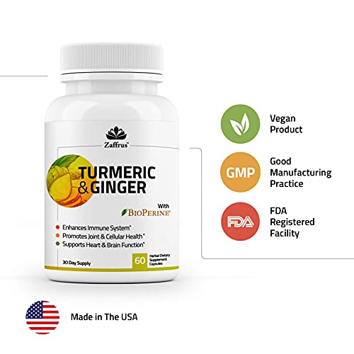 Zaffrus - Organic Turmeric Curcumin & Ginger With Black Pepper (Bioperine) For Maximum Absorption To Support Immune System & Overall Health. 60 Supplement Capsules #TOP3