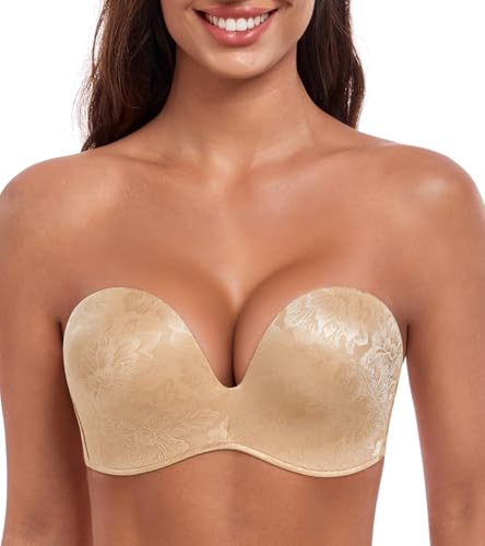 Image of HACI Push Up Strapless Bra for Women Anti-Slip Padded Wireless Stay Put