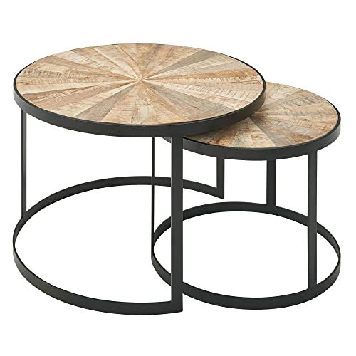 möbelando Design Couchtisch 2er Set Mango Massivholz Satztisch Rund | Wohnzimmertisch mit Metallbeine Braun | Tischset 2-teilig Satztisch Holz/Metall Schwarz