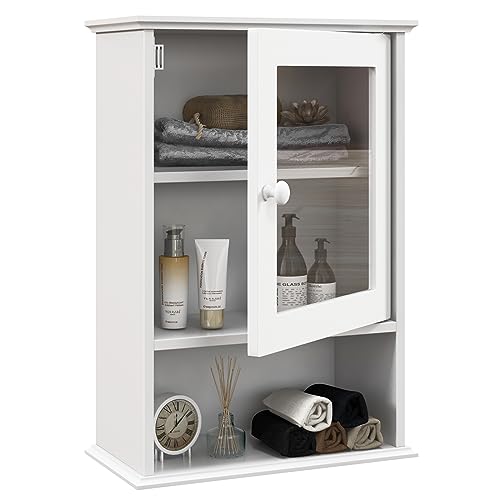 Tangkula Bathroom Cabinet, Wall Mounted Storage Organizer W/Door and Open Shelf, Hanging Medicine Cabinet, White