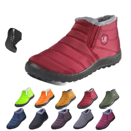 HIDRUO Boojoy Winter Boots - Winter Warm Booties Fur Lined Anti-Slip Ankle Outdoor Slip On Waterproof Booties Comfortable Warm (Red, Women 11/ Men 8.5)