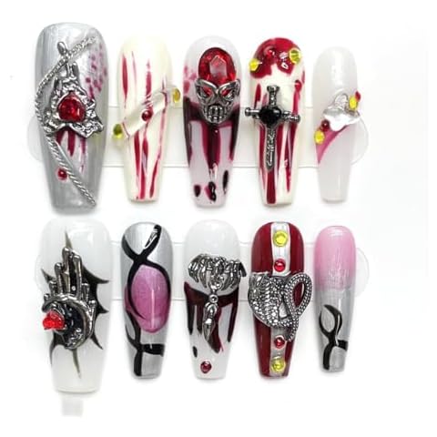 NBHUZEHUA Handmade Press on Nails Long Coffin Fake Nails Luxury 3D Design Nail Charms Press on Nails Manicure Handmade Nail Art for Women 10PCS(M, Short Nails 04) Cover