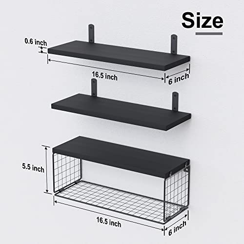 Wopitues Bathroom Shelves Over Toilet, Black Floating Bathroom Shelves Wall Mounted With Wire Basket, Wood Floating Shelf For Wall Décor, Bathroom Wall Décor Shelves, Wall Shelves For Bathroom–Black #TOP2