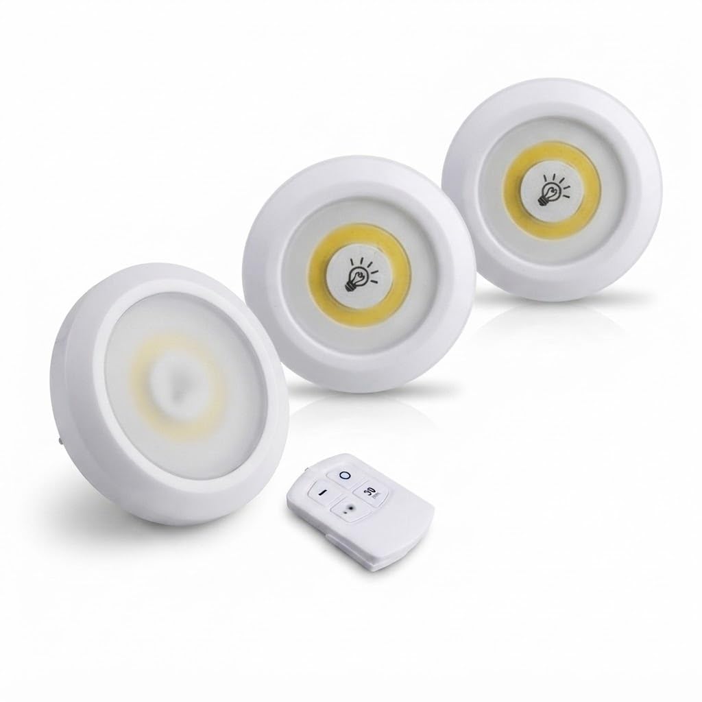 Drumstone Wireless LED Puck Light Set of 3 with Remote Control Dimmable Battery Operated Stick On Under Cabinet Lamps for Kitchen Wardrobe Closet and Home Lighting-image-42