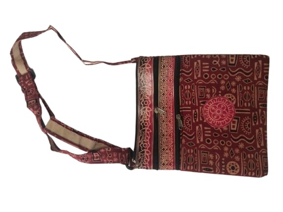 Image of Women Stylish Crossbody Sling Bag Comes with Flap Closure & Durable Polyester Design Multi-Pocket Design, Adjustable Strap(Burgundy Red with Tribal Print)