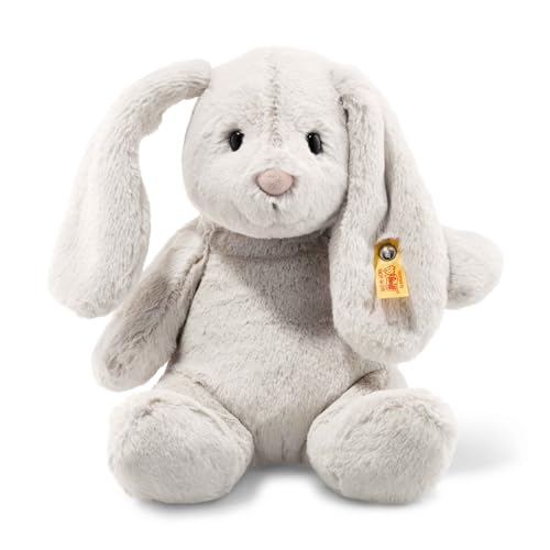 Steiff Hoppie Hase - 28 cm - Plüschhase mit Schlappohren - Soft Cuddly Friends - Kuscheltier für Kinder - waschbar - hellgrau (080470)