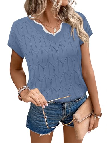 Image of WIHOLL Womens Summer Tops Cap Sleeve Sweater V Neck Shirts Beach Vacation Clothes Business Casual Fashion Clothing