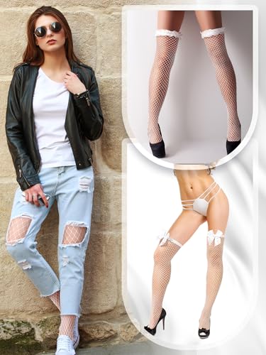 Image of Fourluoo 10 Pairs Silk Fishnet Thigh High Stockings Women Lace Top Sheer over Knee Stocking for Halloween