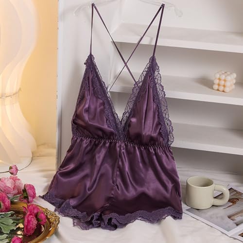 Image of Women's Sexy Lingerie Romper Backless V Neck Babydoll Sleepwear One Piece Shorts Cami Jumpsuit Pjs Overall Ladies