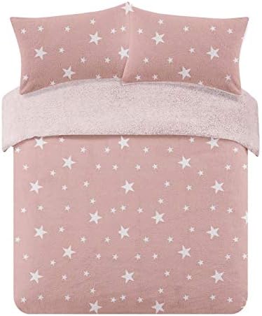 Dreamscene Star Printed Patterned Thermal Teddy Fleece Duvet Cover Quilt with Pillowcase Soft Warm Fluffy Bedding Set, Blush Pink / White - Superking