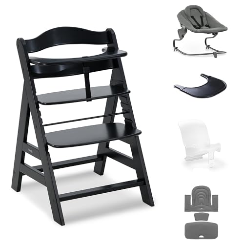 hauck Alpha+ Premium Bundle, Beech Black - Wooden High Chair from Birth to 99 Years - Grow Along Highchair with Reclining Newborn Bouncer, Baby Seat Reducer, Seat Pad and Click On Tray