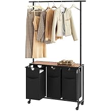 YATINEY Laundry Sorter 3 Section, Rolling Laundry Hamper with Hanging Rack, Laundry Sorter with Wheels, Hampers for Laundry, Laundry Basket Organizer for Laundry Room, Rustic Brown LS37BR