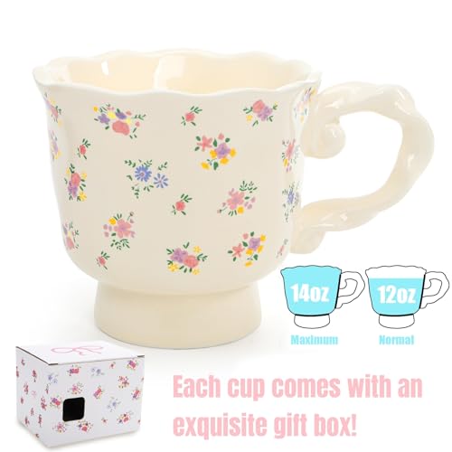Image of Hiceeden Set of 2 Vintage Flower Coffee Mug, 14 oz Cute Ceramic Floral Coffee Cup, Unique Teacups Coffee Mugs with Base for Milk, Latte, Cocoa, Gift for Women, Black & Beige