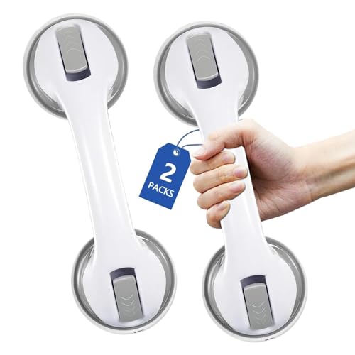 2 Pack Suction Grab Rails for Bathroom, 12 inch Strong Suction Cup Safety Shower Handle, Portable Bath Mobility Aids for Elderly, Seniors, Disabled, Tool-Free Installation, Gray