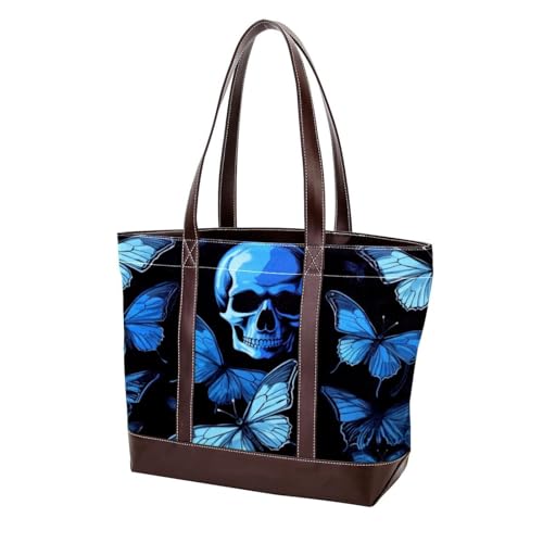 Sac à main papillon bleu grand format avec fermeture éclair en toile pour femme