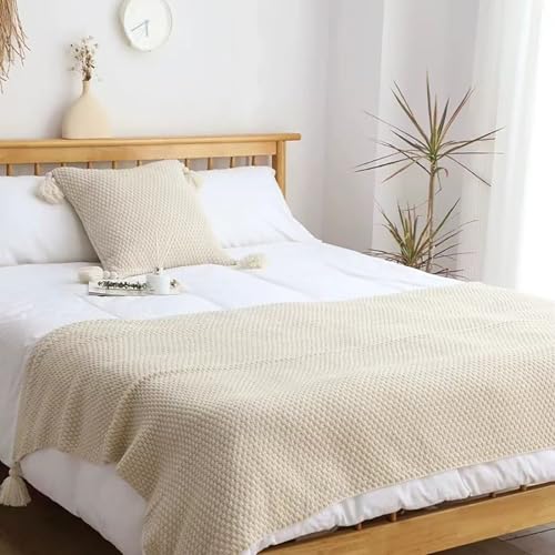LRUPVEG Sólido De Punto Corredor De La Cama con Borla Vintage Decorativo Final De La Cama Bufanda para El Hotel Sala De Estar Sofá Lanza Cubre Sofá Manta(White,80 * 170cm for 150cm Bed)