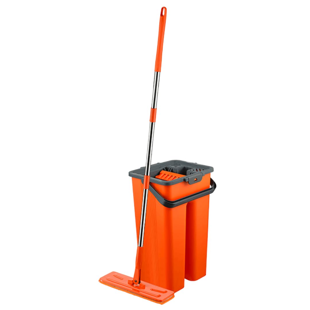 MACROMAX FLAT Mop and Bucket Set – 100% Microfibre, Wet & Dry Cleaning System, Dual-Chamber Self-Wringing Design, Ergonomic Handle for Home, Tile & Wood Floors
