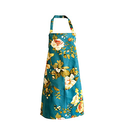 Lean In 100% Cotton Retro Fashion Pretty Young 2-pocket Chef's Apron, Light Blue/white Flowers