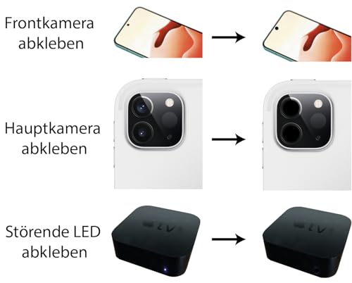 44x Kamera Abdeckung Sticker – Schwarz glänzend – 5/10/15 mm Rund – Webcam Schutz Aufkleber für Handy, Laptop, Tablet – Auch zum Abdecken von LED & Standby Lichtern