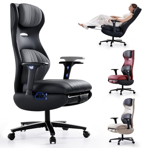 EMIAH Silla Oficina Ergonómica, Silla de Escritorio Reclinable con Reposapiés, Reposabrazos Ajustables, Silla Game de Respaldo Alto, Silla de Ordenador Ejecutiva con Soporte Lumbar, Cuero PU (Negro)