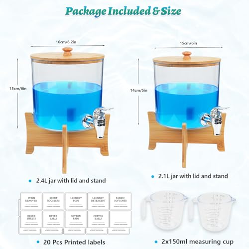Laundry Detergent Dispenser*2 with Shelf & Bamboo Lid for Liquid Detergent, Laundry Soap Scent Booster & Fabric Softener Dispenser for Laundry Room Organization and Storage with 2 Cups & 20 Labels by Ecopandy - Image 3