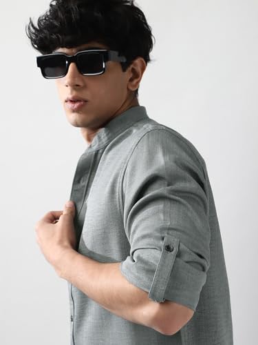 Image of Urbano Fashion Men's Linen Blend Full Sleeve Relaxed Fit Mandarin Collar Casual Solid Shirt