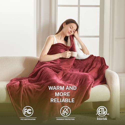 Heat Blanket 50”x60” Throw,Soft Flannel & Sherpa Reversible Electric Blanket with 10 Heat Settings,12 Timer Setting and 3 Hours Auto-Shut Off,ETL Certified Machine Washable,Red