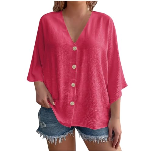 Chemisier en lin femme manches 3/4 chemise surdimensionnée été col en V tunique mousseline unie
