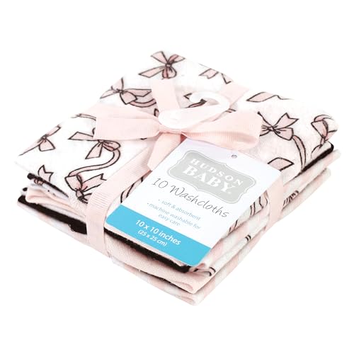 Image of Hudson Baby Unisex Baby Flannel Cotton Poly Washcloths, Pink Bows 10 Pack, One Size