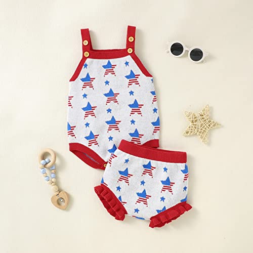 Recém-nascido bebê meninas meninos malha sem mangas quarto de julho suéter macacão shorts babados ba