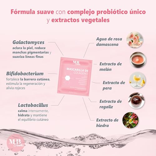 MB Cosmetics Mascarilla de colágeno – con ácido hialurónico, y probióticos – Mascarilla facial de hidrogel para la reducción de arrugas. Ultra concentrada con 52.000 ppm, 1 unidad. - imagen 4