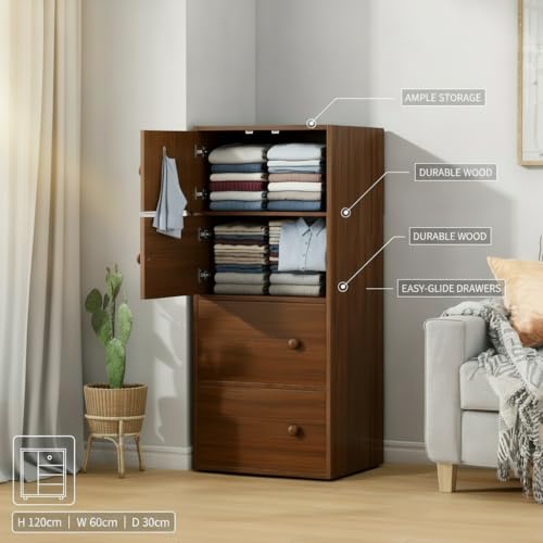 Image of EXVITO Engineered Wood Wardrobe for Bedroom | Foldable 4 - Shelf Wooden Storage Cabinet | Cupboard Almirah for Clothes | Collapsible Wardrobe | Space Saving Wooden Cabinet - WALLNUT