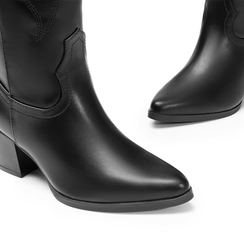 DREAM PAIRS DREAM PAIRS Cowboy Boots for Women Cowgirl Knee High Boots Comfortable Pull On Zipper Chunky Heel Pointed Toe Embroidered Western Boots,Size 5.5,Black,SDKB2410W